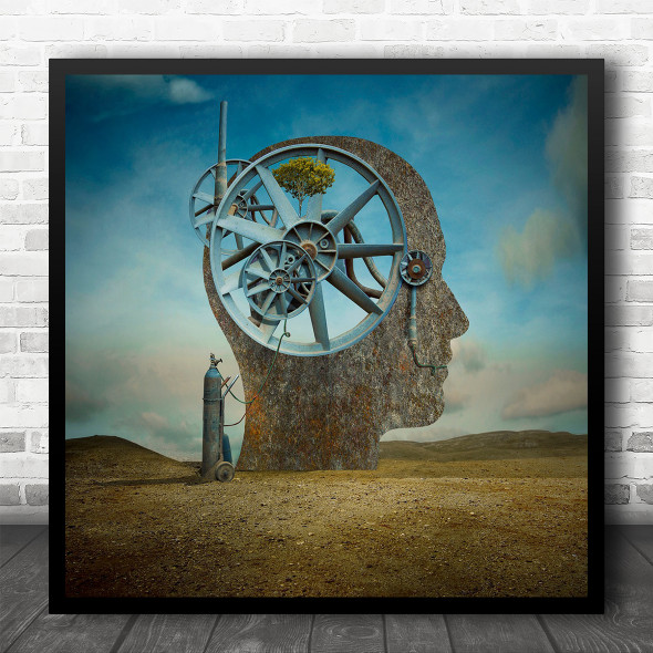 Head Thoughts Think Thinking Gears Gear Machine Propeller Tank Square Wall Art Print