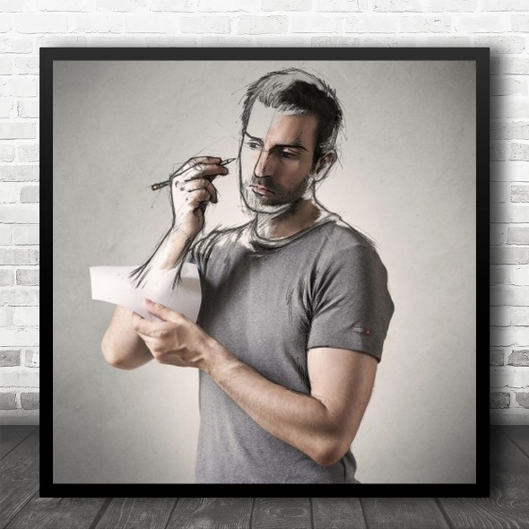 Edited Sketch Man Conceptual Make Up Drawing Hand The Sketcher Square Wall Art Print