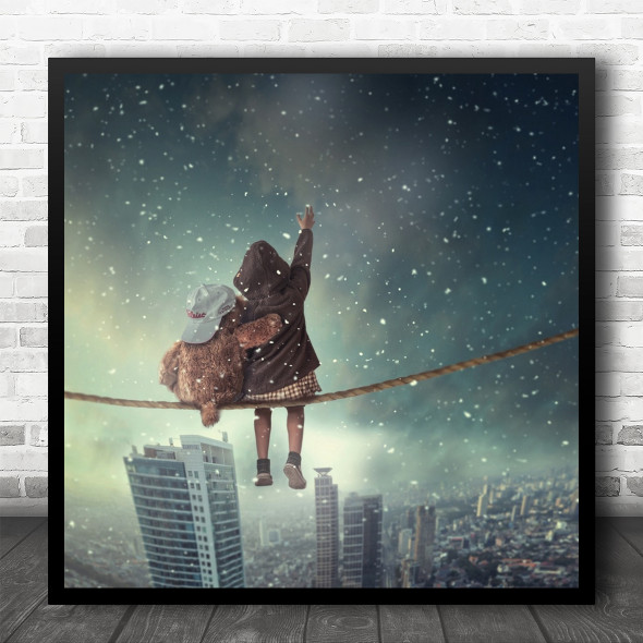 Surreal Rope Kid Reach Arm Teddy Bear Fantasy Dream Fairy Tale Square Wall Art Print