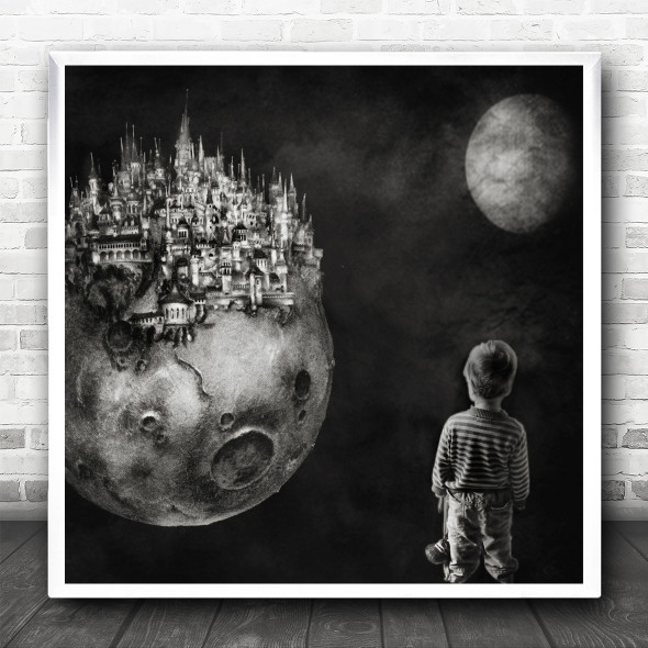 Boy Dream Textures City Dreaming Planets Houses Buildings Moon Square Wall Art Print