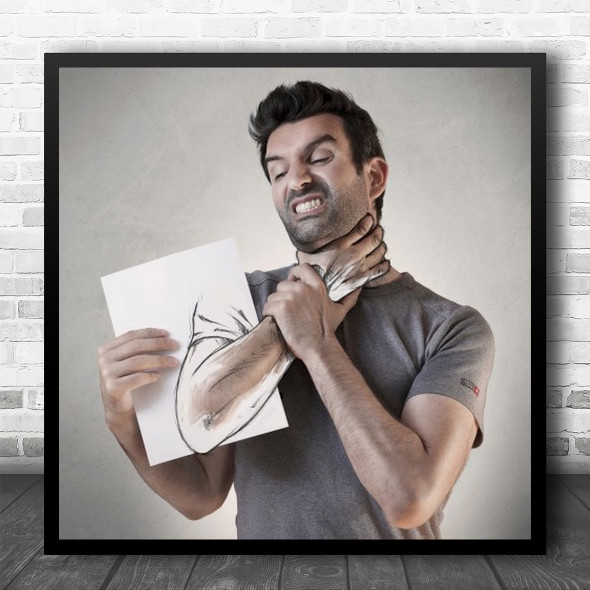 Struggle Strangle Hands Clenching Holding Paper Drawing Fight Square Wall Art Print