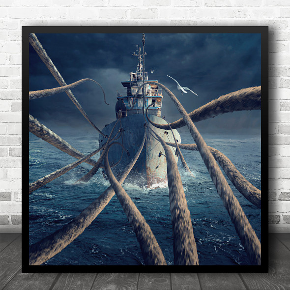 Ship Rope Ropes Water Seagull Ocean Sea Boat Maritime Splash Square Wall Art Print