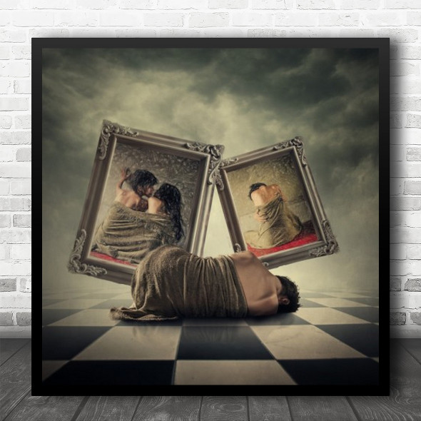 Edited Frames Picture Man Chess Board Sad Mood Wrapped Green Square Wall Art Print