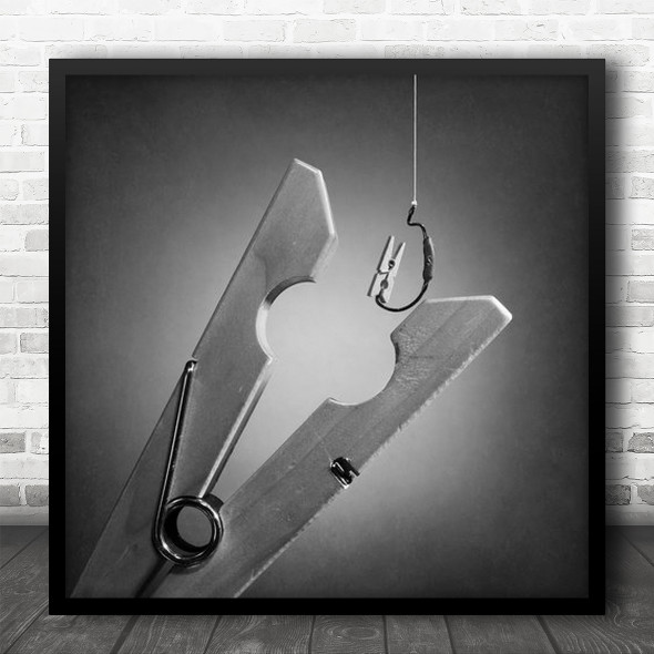 Edited Black And White Clip Rod Conceptual Hook The Big Fish Square Wall Art Print