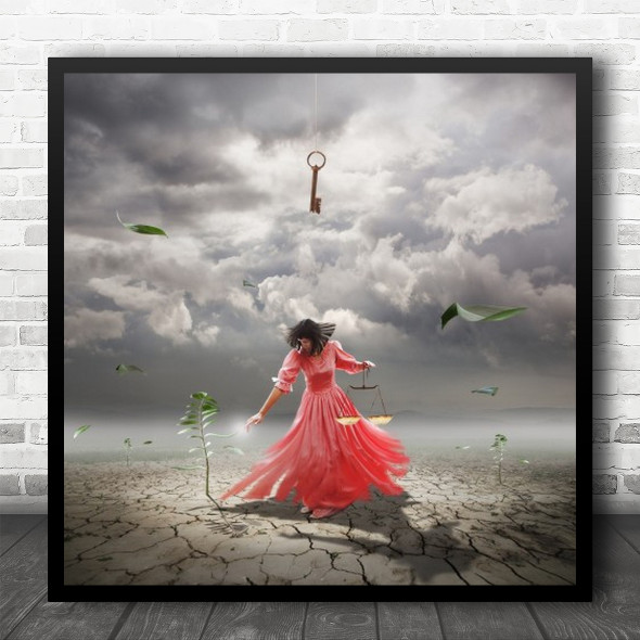 Girl Pink Dress Wasteland Hanging Key Prelude To A Dream Square Wall Art Print