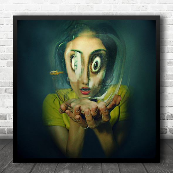 Humour Fun Fish Bowl Eyes Crazy Portrait Woman Face Square Wall Art Print