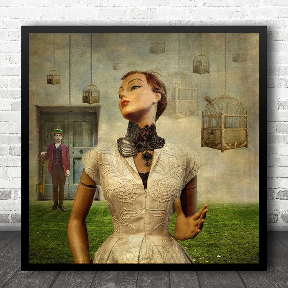 Automaton Dream Mannequin Woman Birdcages Square Wall Art Print