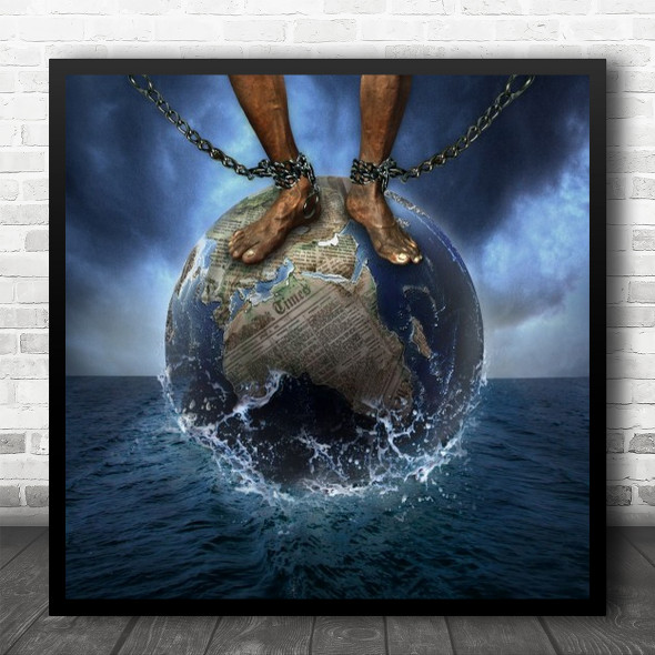 Globe Newspaper Foot Chains Bad News Square Wall Art Print