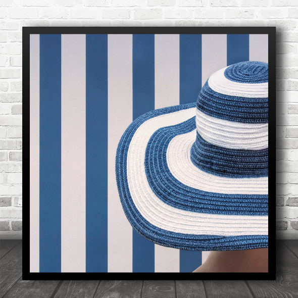 Stripes Blue Hat Pattern Shapes Geometry Lines Symmetry Holiday Square Wall Art Print