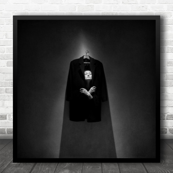 Edited Woman Black And White Coat Fantasy Dreaming Shadow Light Square Wall Art Print