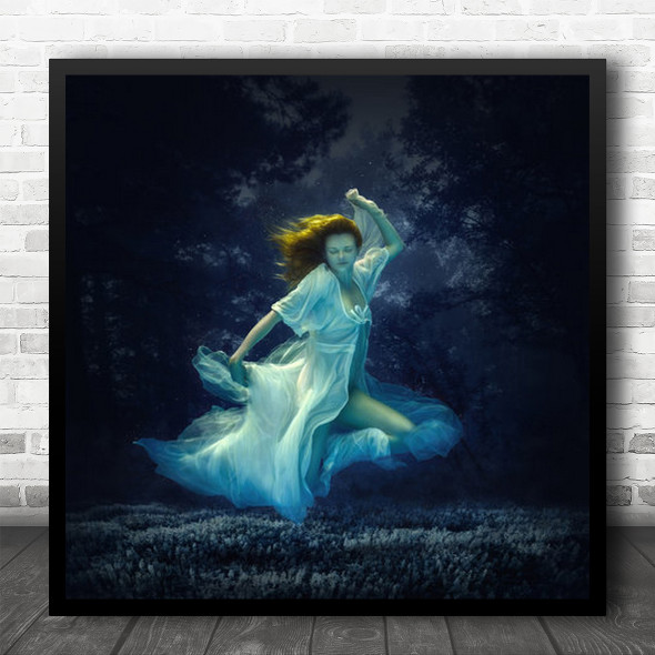 Girl Hair Dress Forest Night Underwater Weightlessness Swim Fly Square Wall Art Print