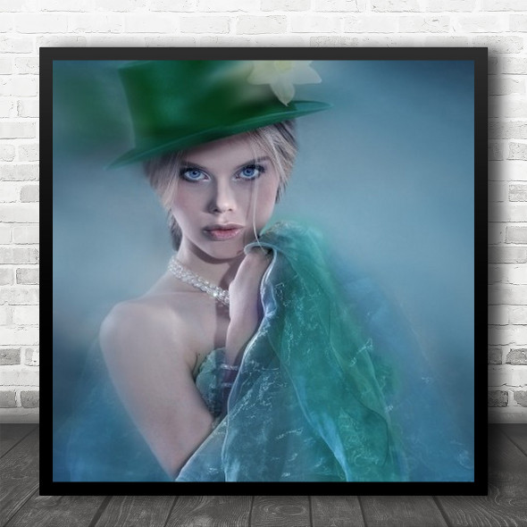 Portrait Girl Woman Person Beauty Eyes Green Hat Necklace Lips Square Wall Art Print