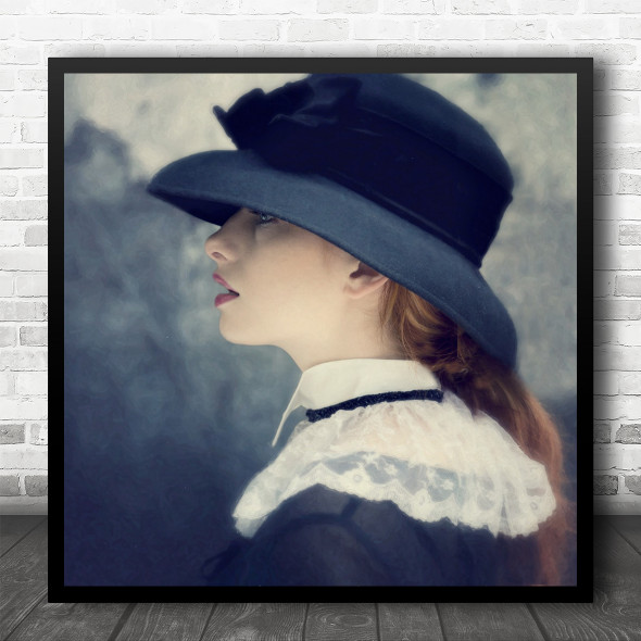 Portrait Hat Vintage Retro Profile Woman Girl Model Sinopa I Square Wall Art Print