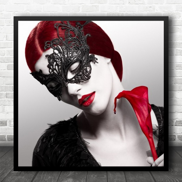 Portrait Red Hair Lips Mouth Mask Lace Fashion Flower Blood Square Wall Art Print