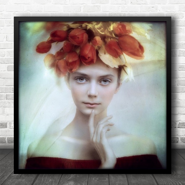 Hat Flowers Summer Portrait Blur Blurry Hand Fingers Woman Square Wall Art Print