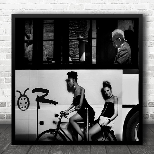 Street Old Man Bike Bicycle Transportation Woman Window Square Wall Art Print