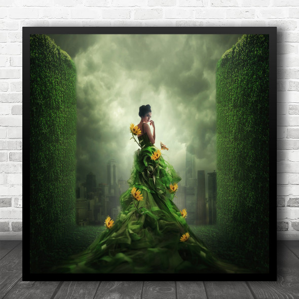 Green Superhero Goddess Flower Dress Growing Surreal Square Wall Art Print