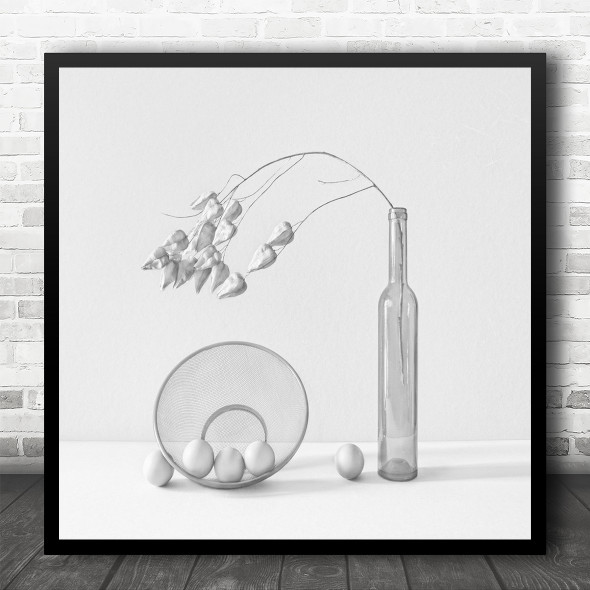 Still Life White Bright High-Key Bowl Bottle Vase Eggs Egg Glass Square Wall Art Print