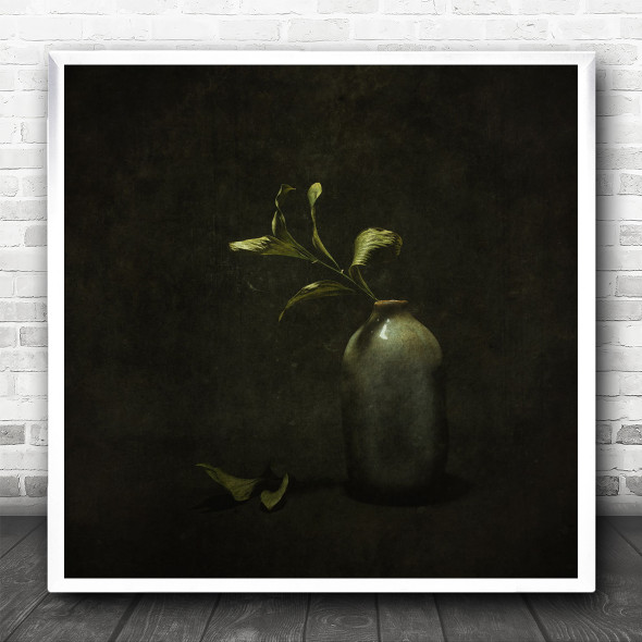 Vase Light Green Plant Decay Dark Painterly Low-Key Leaf Leaves Square Wall Art Print