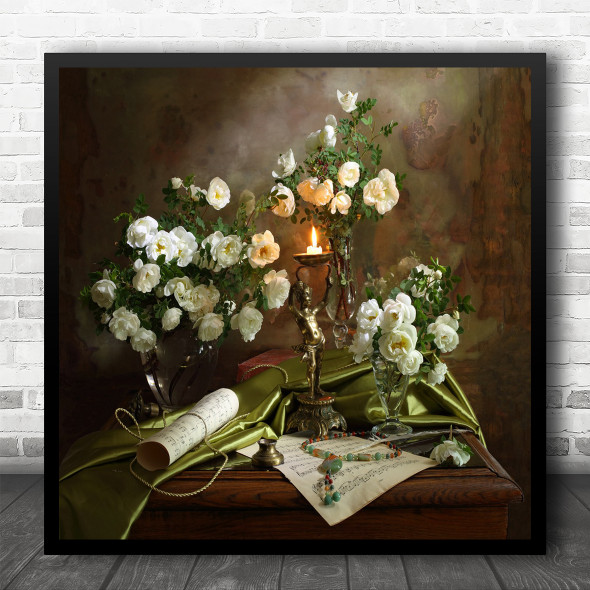 Flowers Candle Green Roses Spring Rose Flower Vase Vases Still Square Wall Art Print