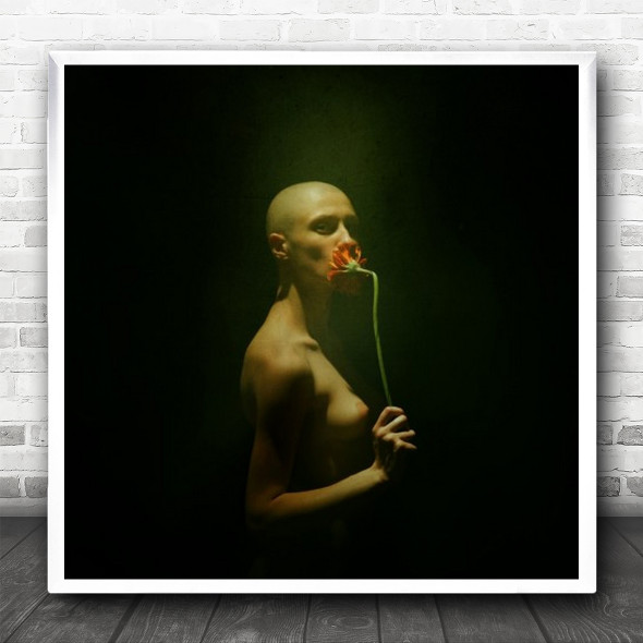 Portrait Woman Naked Nude Toned Light Flower Eyes Bald Chest Square Wall Art Print