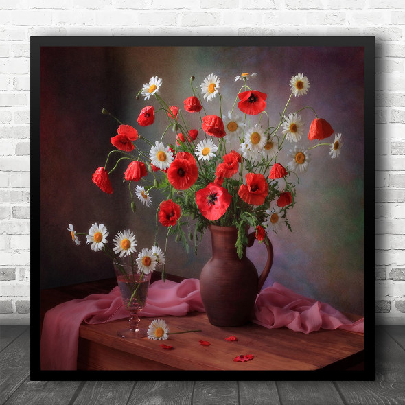 Daisy Daises Poppy Poppies Chamomile Glass Vase Bouquet Red Square Wall Art Print