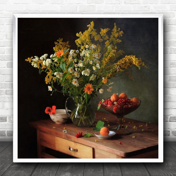 Flower Still Life Vase Flora Floral Peach Desk Fruit Berry Square Wall Art Print