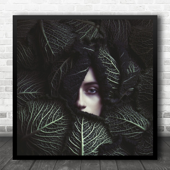 Woman Portrait Conceptual Eye Model Leaf Leaves Face Mood Square Wall Art Print