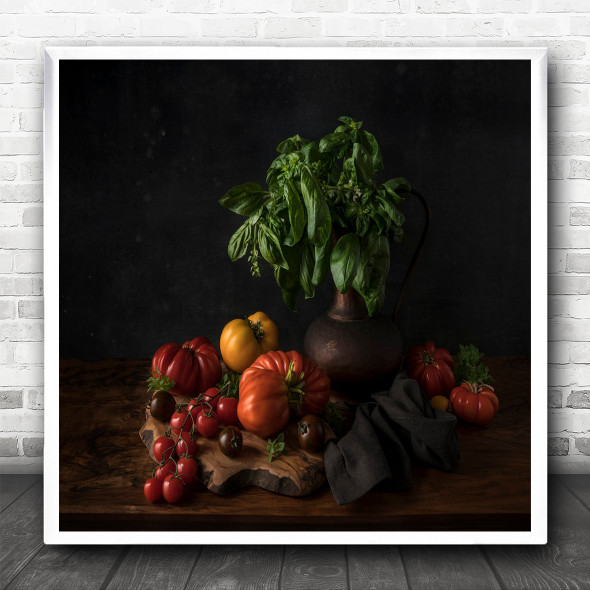 Still Life Tomato Tomatoes Vegetable Vegetables Basil Herb Herbs Square Wall Art Print