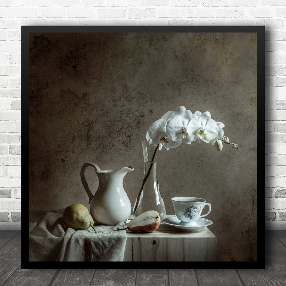 Colours Still Life Concrete Crack Vase Cup Mug Tea Coffee Pear Square Wall Art Print