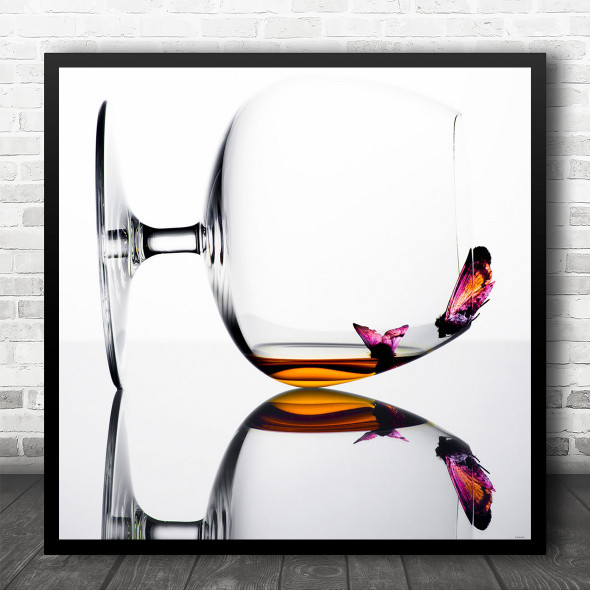 Glass Butterfly Bar Whiskey Drink High-Key Still Life Macro Square Wall Art Print