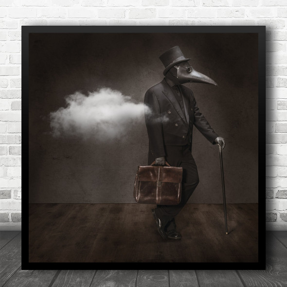 Man Mask Cloud Smoke Cane Stick Staff Gothic Steampunk Suit Square Wall Art Print