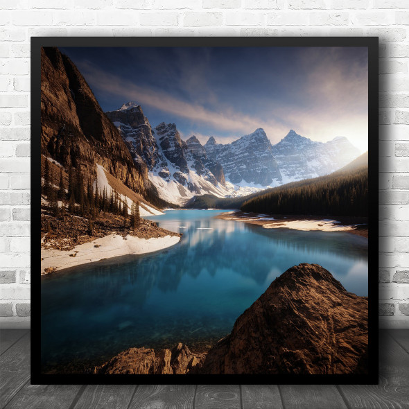 Lake Alberta Landscape Canada Mountains Park Blue Water Rock Square Wall Art Print