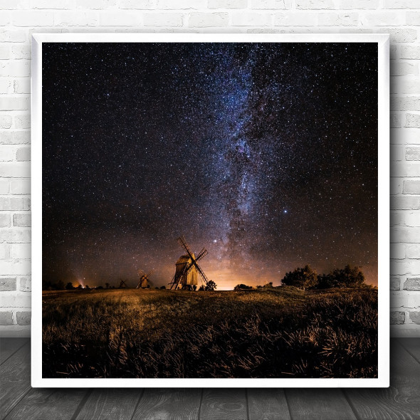Galaxy Stars Milky way Kalmar Windmill Astroscape Nightscape Square Wall Art Print