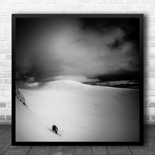 Ski Skiing Snow Winter Cold Action Freeride Skier Black And White Square Wall Art Print