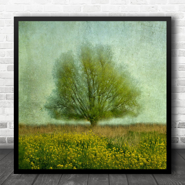 Painterly Filter Texture Field Meadow Tree Lonely Summer Flowers Square Wall Art Print