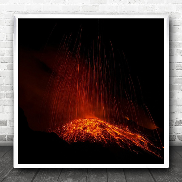 Volcano Lava Eruption Stromboli Italy Noir Apocalypse Fire Flame Square Wall Art Print