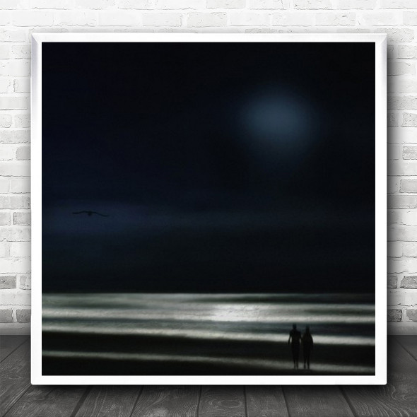 People Sea Sky Moon Bird Waves Coast Ostend Dark Low-Key Romance Square Wall Art Print