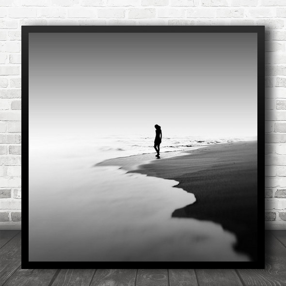 Silhouette Woman Beach Water Sea Ocean Shore Coast Coastal Alone Square Wall Art Print
