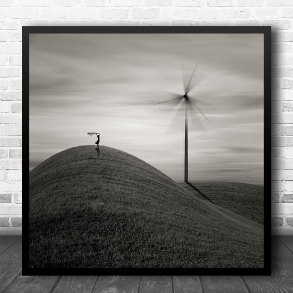 Windmill Power Energy Wind power Environment Woman Blow Blowing Square Wall Art Print