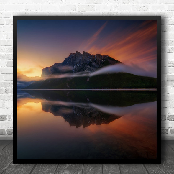 Banff Minewanka Canada Lake Sunset Twilight Reflection Mountain Square Wall Art Print