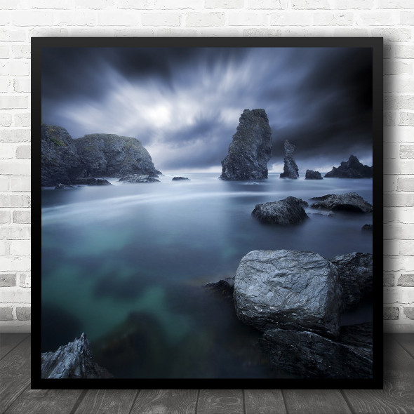 Bretagne France Sea Seascape Dramatic Sky Rocks Turquoise Belle Square Wall Art Print