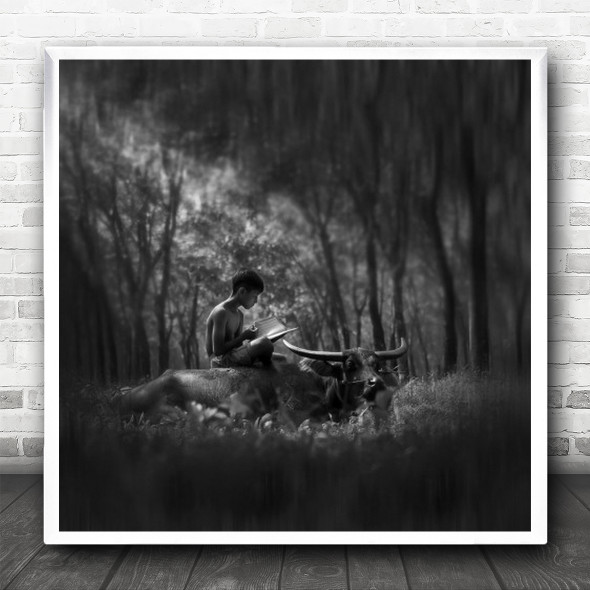 Rump in Bogor Read Reading Buffalo Boy Kid Child Animals Forest Square Wall Art Print