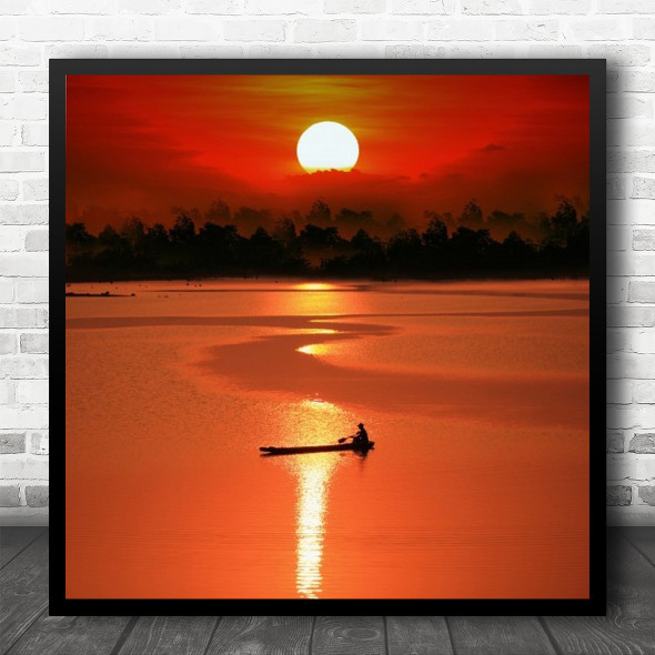 Sun Sunset Boat Canoe Beach Trees Gold Golden Row Rowing Paddle Square Wall Art Print