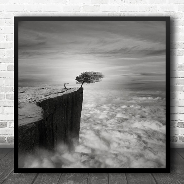 Sea Of Clouds Landscape Tree Lonely Cloud Fog Mist Cliff Ledge Square Wall Art Print