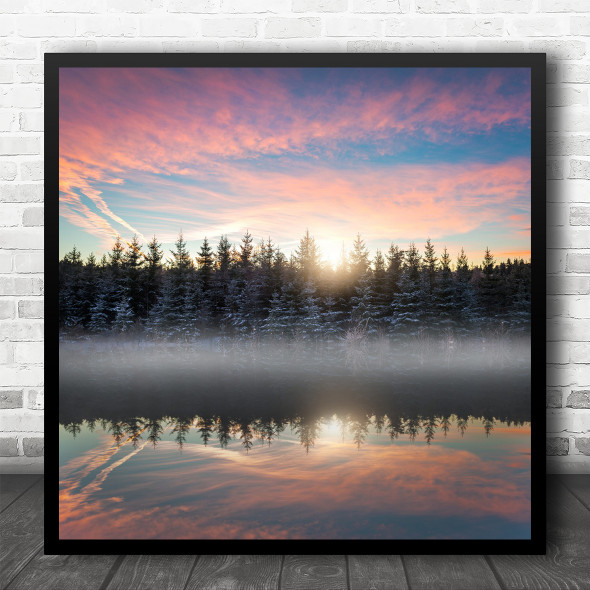 Landscape Water Lake Sun Sunrise Dawn Morning Beginning Forest Square Wall Art Print