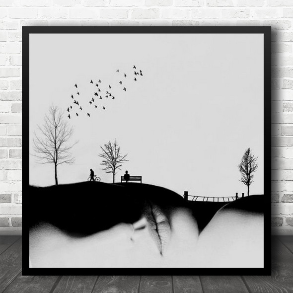 Surreal Cold Winter Face Lips Silhouette Silhouettes Bench Sit Square Wall Art Print