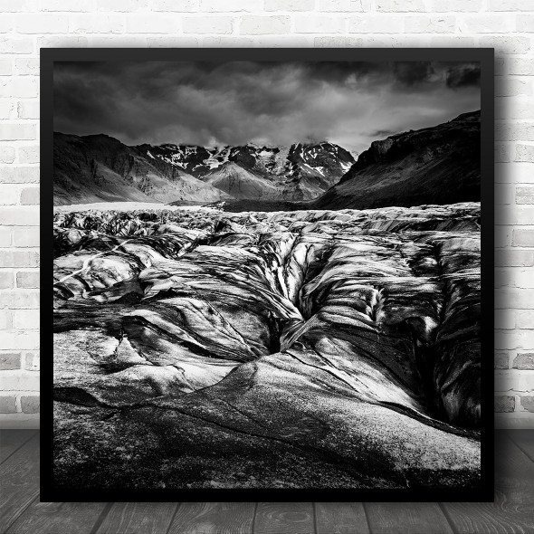 Landscape Mountain Snow Winter Glacier Iceland Black And White Square Wall Art Print