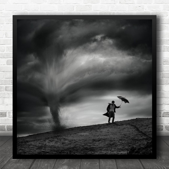 Storm Thunderstorm Thunder Wind Windy Person Man Umbrella Blow Square Wall Art Print