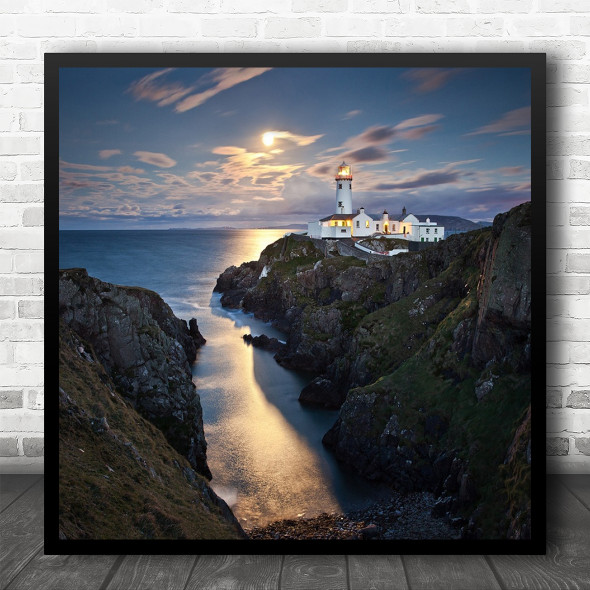 Lighthouse Moonlight Coast Moon Night Landscape Seascape Tower Square Wall Art Print